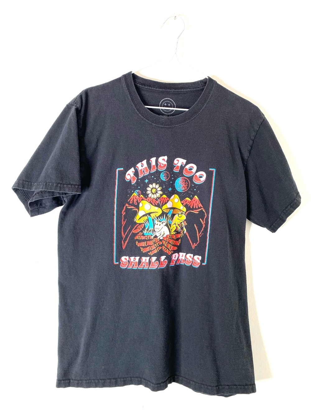 Boss Dog Art Dept “This Too Shall Pass” Graphic Tee Skeleton Mushrooms Black Tee